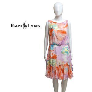 LAUREN RALPH LAUREN Multi-Floral Chiffon Belted Dress w/ Godet Skirt NWT